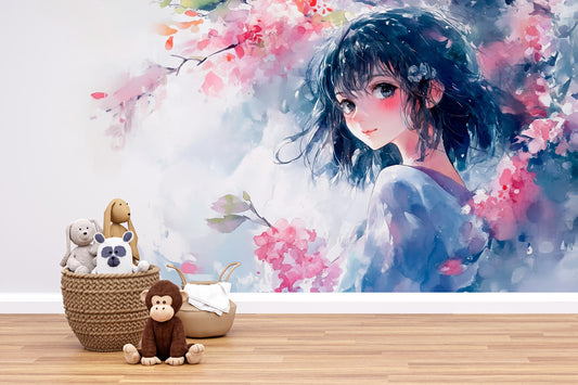 Watercolor Anime Girl Wall Mural – Soft Pastel Japanese Art for Kids Room, Kawaii Wall Decor, Fantasy Floral Illustration Print Vn351