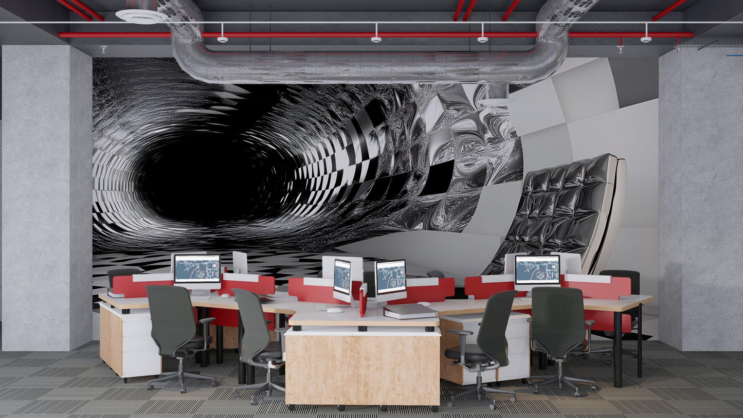 3D Black Hole Optical Illusion Wall Mural | Modern Office Decor | Trippy Vortex Art Wallpaper | Futuristic Interior Accent Vn574