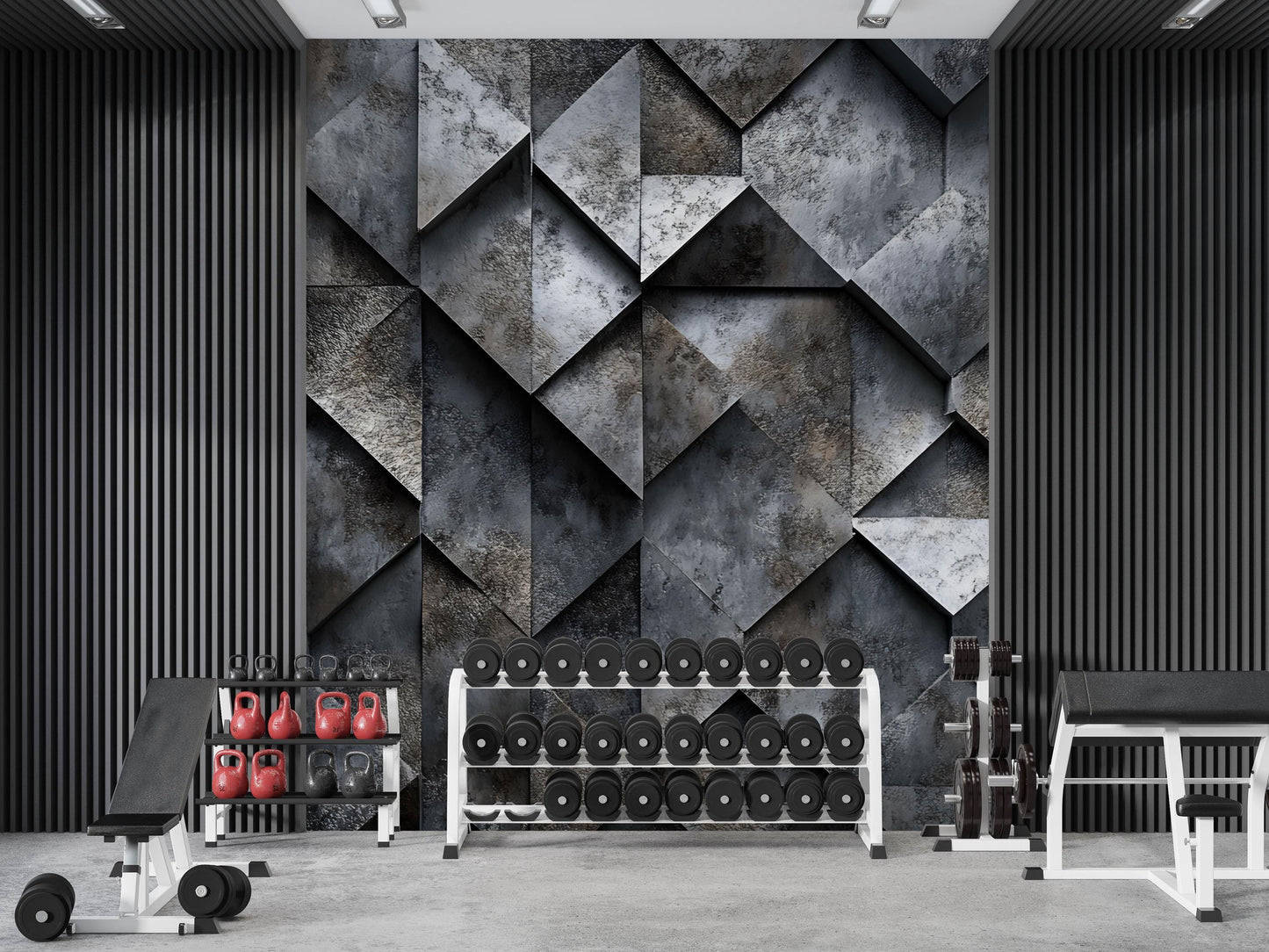 Industrial 3D Geometric Wall Mural – Modern Textured Gym & Fitness Room Wallpaper Vn734