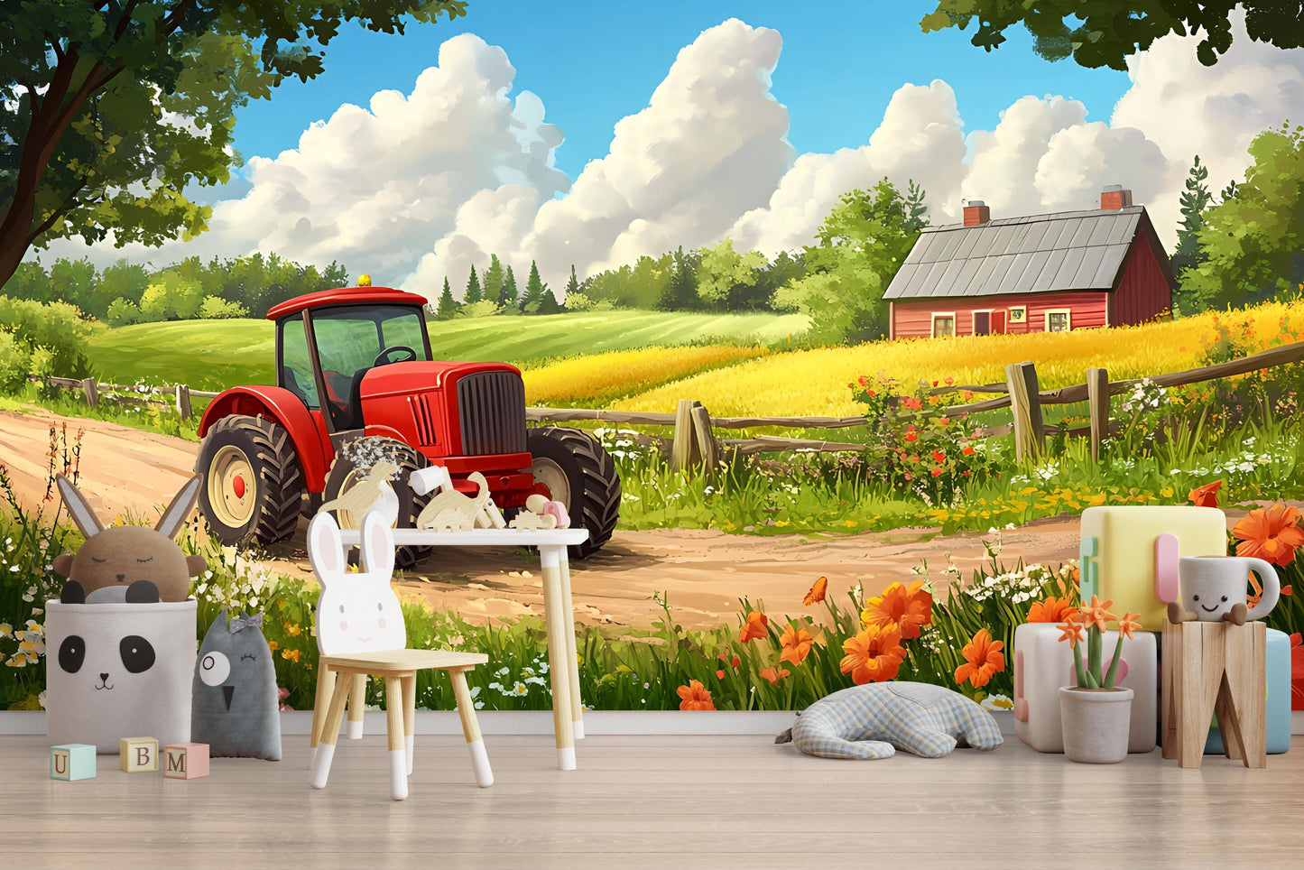 Farm Tractor Wall Mural for Kids Room – Red Tractor & Countryside Scene  Vn312