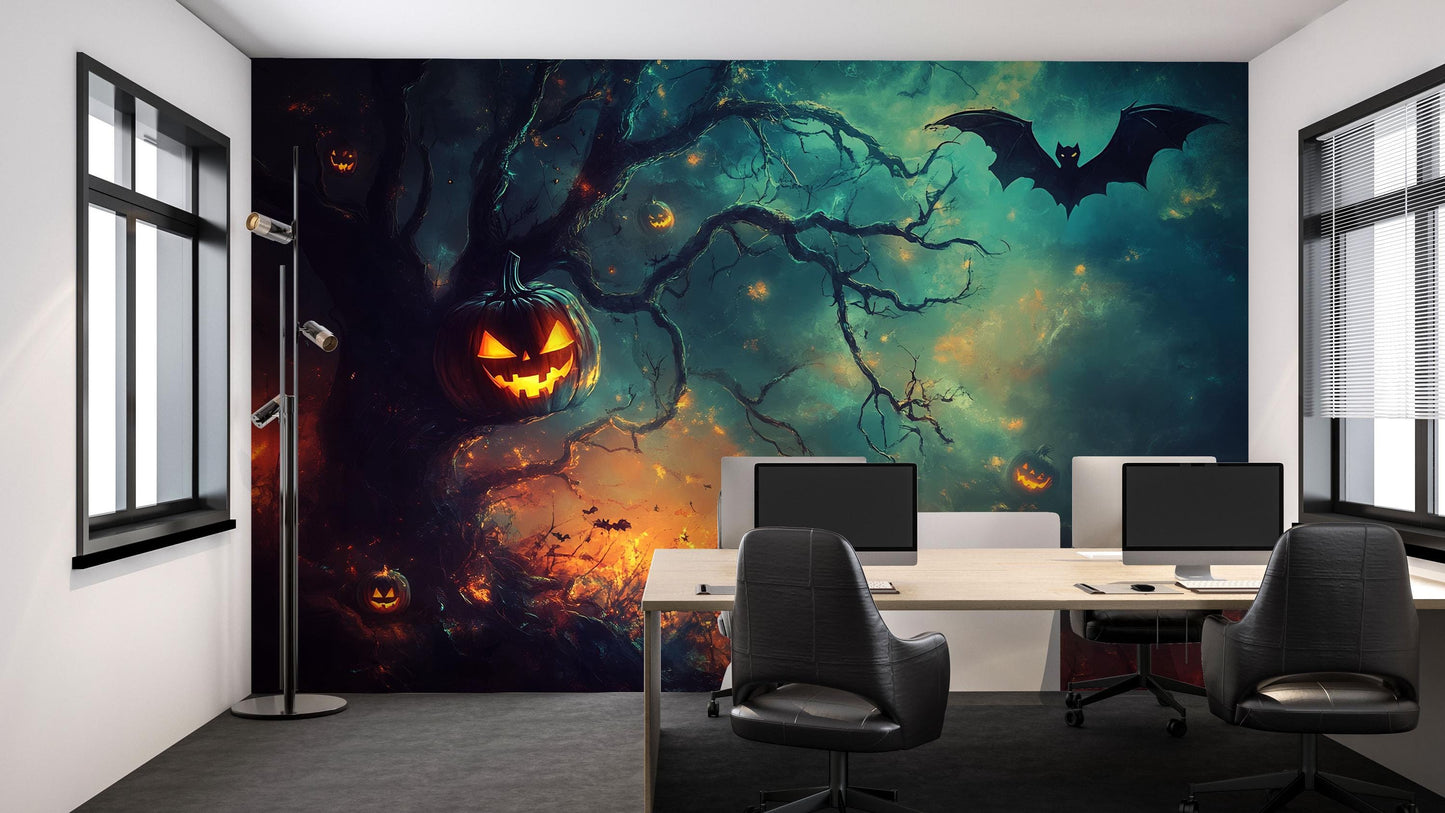 Spooky Jack O’Lantern & Bat Halloween Wall Mural – Haunted Tree Office Décor Vn815
