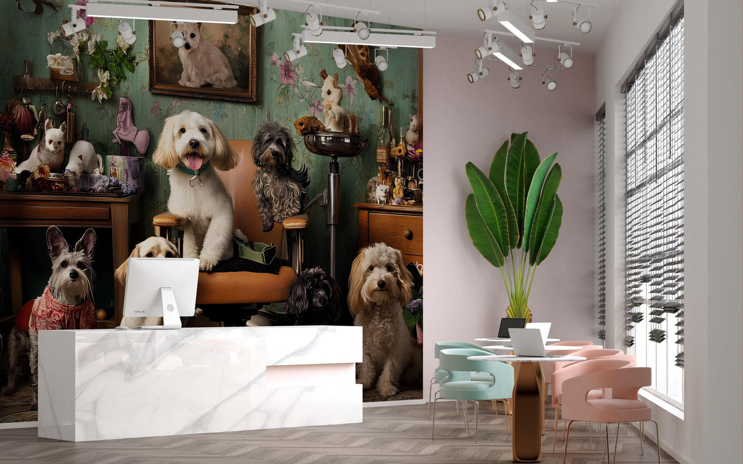 Whimsical Dog Grooming Wall Mural – Cute Dogs Salon Scene, Pet Lover Wallpaper Art Vn678