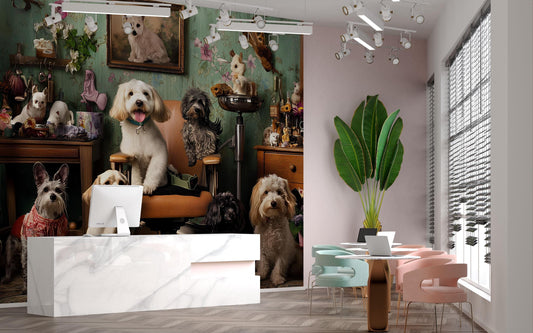Whimsical Dog Grooming Wall Mural – Cute Dogs Salon Scene, Pet Lover Wallpaper Art Vn678