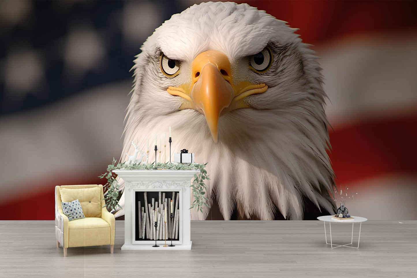 Patriotic Office Wall Mural | Bald Eagle with USA Flag | Modern Workspace Art Vn714