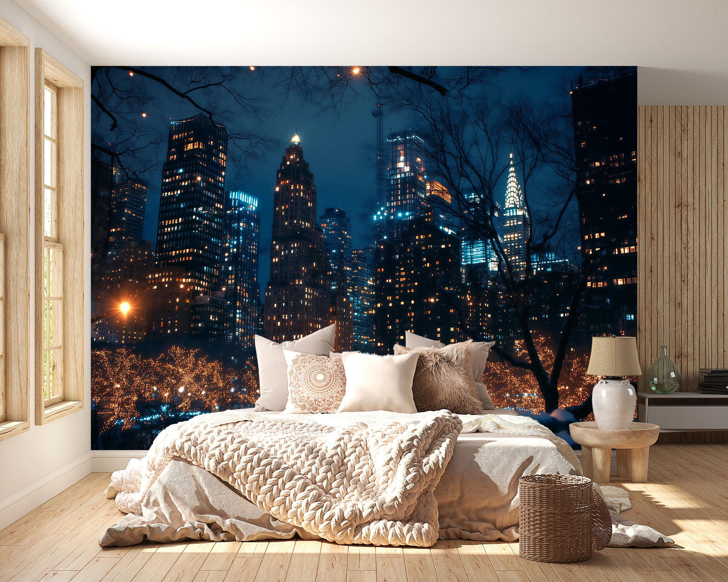 NYC Skyline Wall Mural – Night City Wallpaper with Lights for Bedroom Decor Vn895
