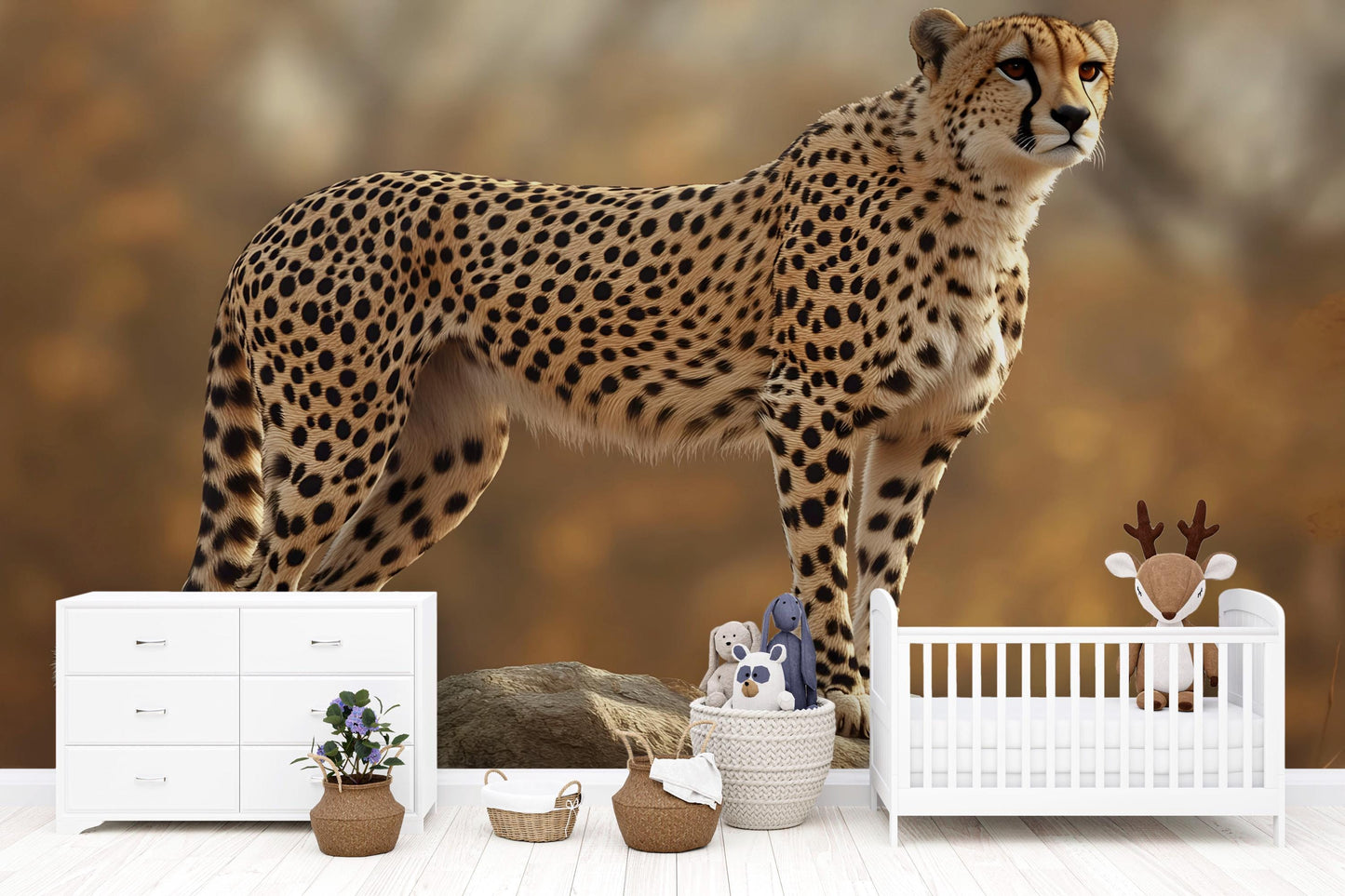 Standing Cheetah Wall Mural – Realistic Wildlife Safari Wallpaper for Nursery or Bedroom Vn785