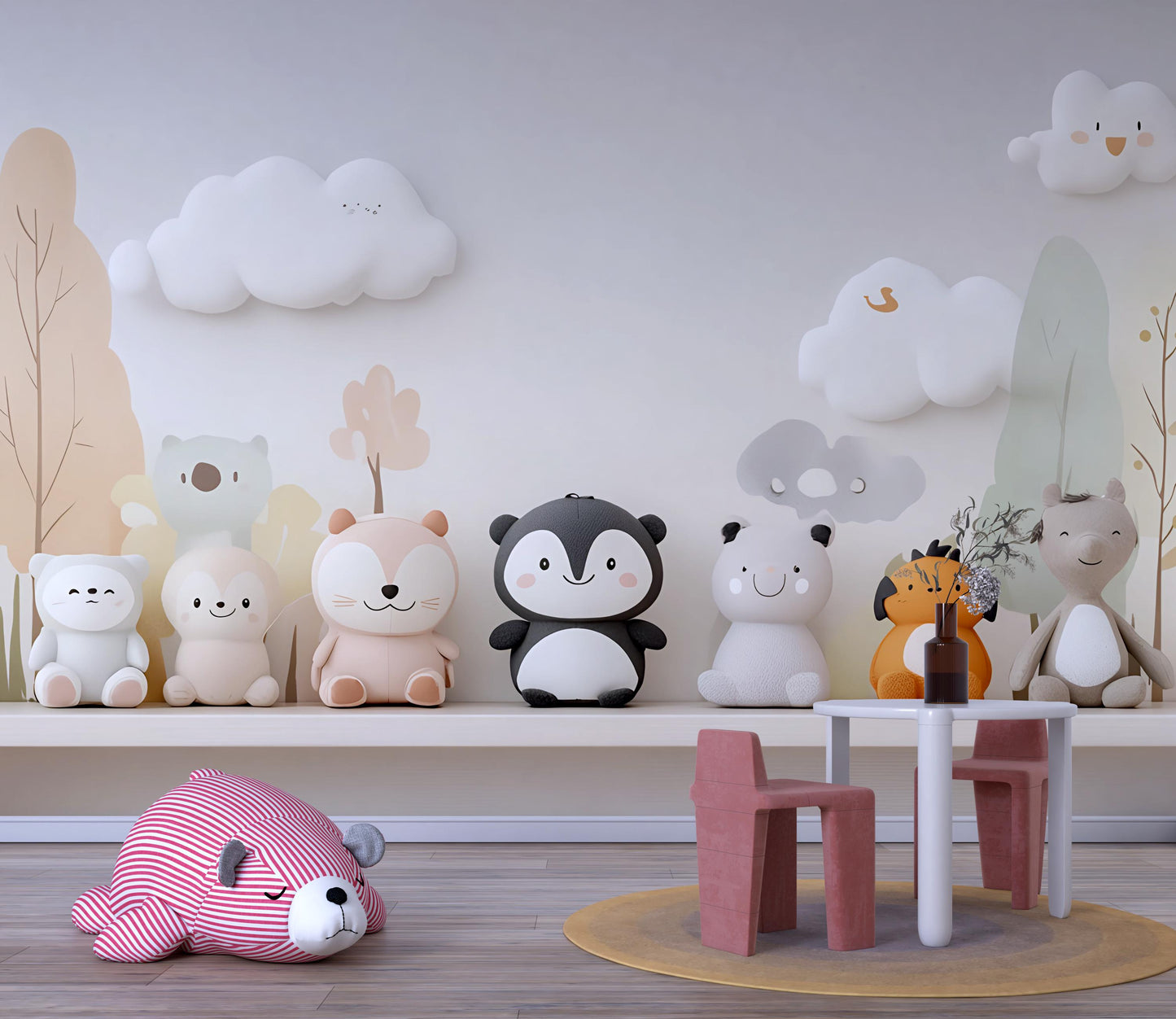 Cute Animal Plush Toy Set | Nursery Shelf Decor | Soft Stuffed Toys for Baby Room | Gender Neutral Pastel Kids Room Decor Vn427
