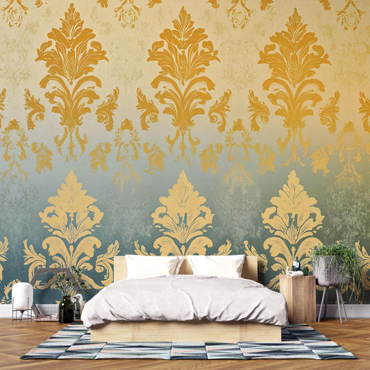 Luxury Damask Wallpaper – Gold & Sage Gradient Wall Mural for Elegant Bedroom Décor Vn633