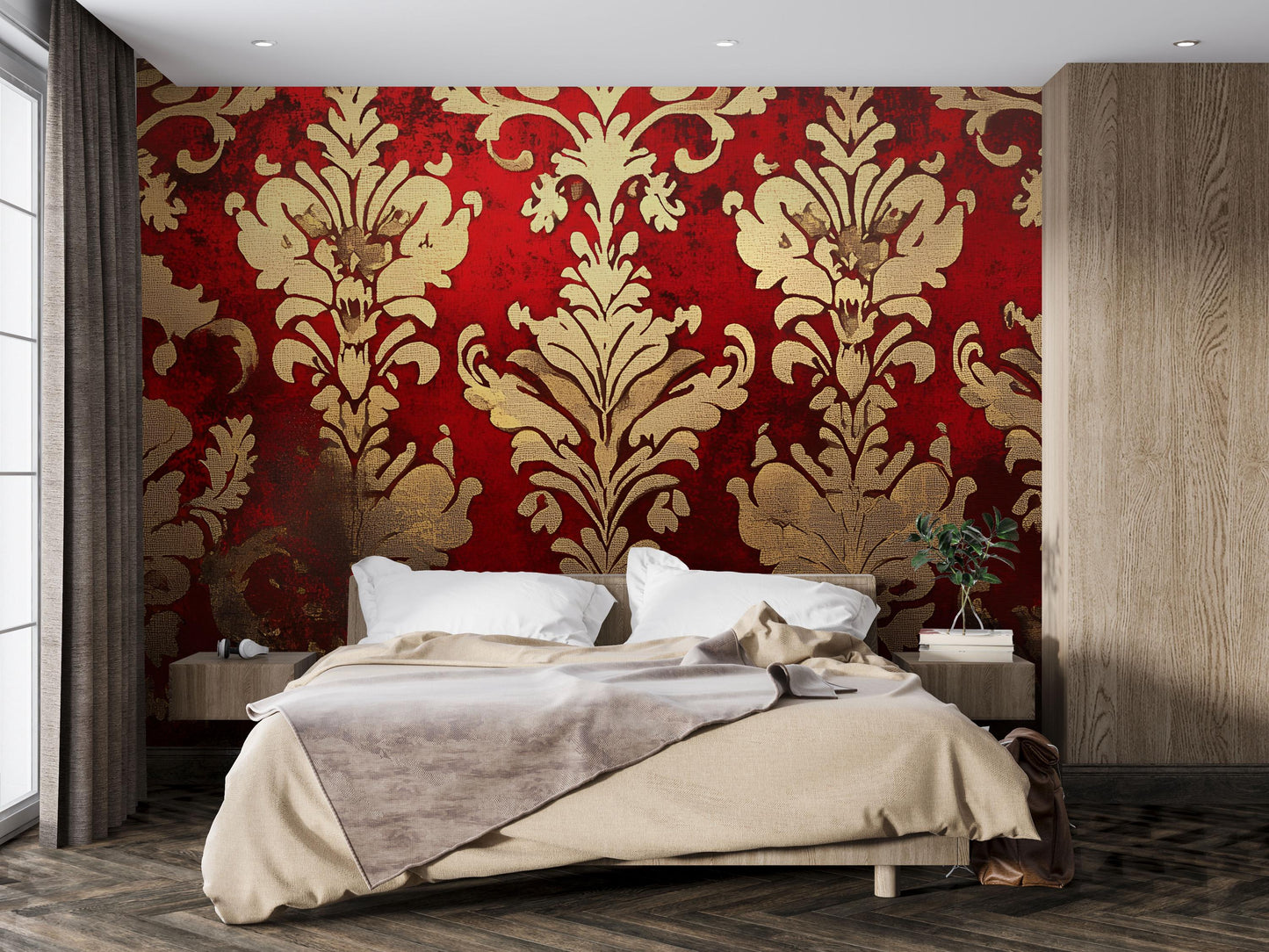 Luxury Red & Gold Damask Wall Mural – Baroque Elegant Accent Wallpaper Vn635