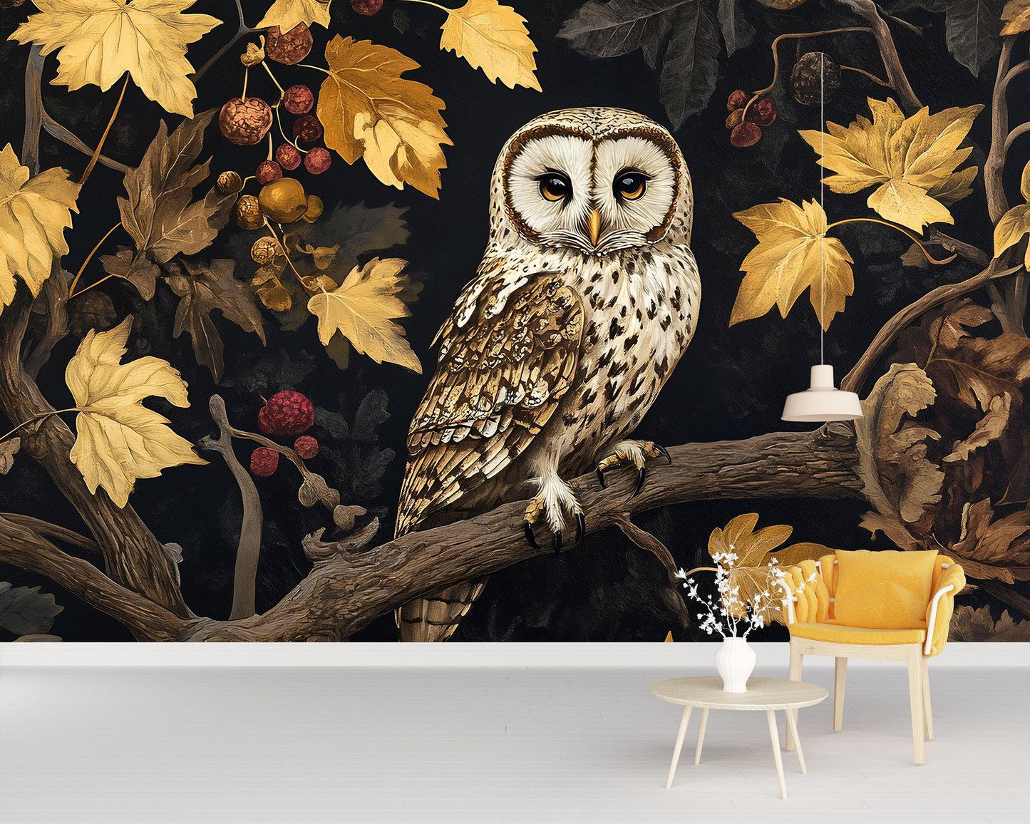 Autumn Owl Wall Mural – Dark Forest Wallpaper, Cozy Nature Room Decor Vn496