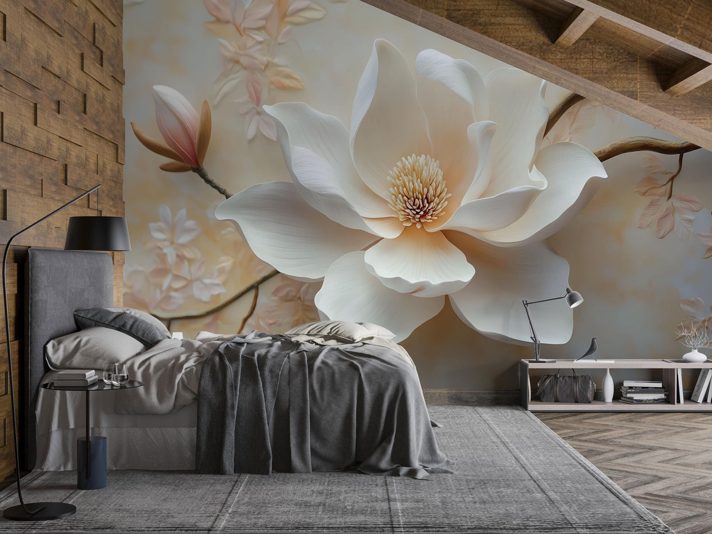 Large Magnolia Flower Mural – 3D Effect Botanical Wall Art for Bedroom or Living Room Vn766