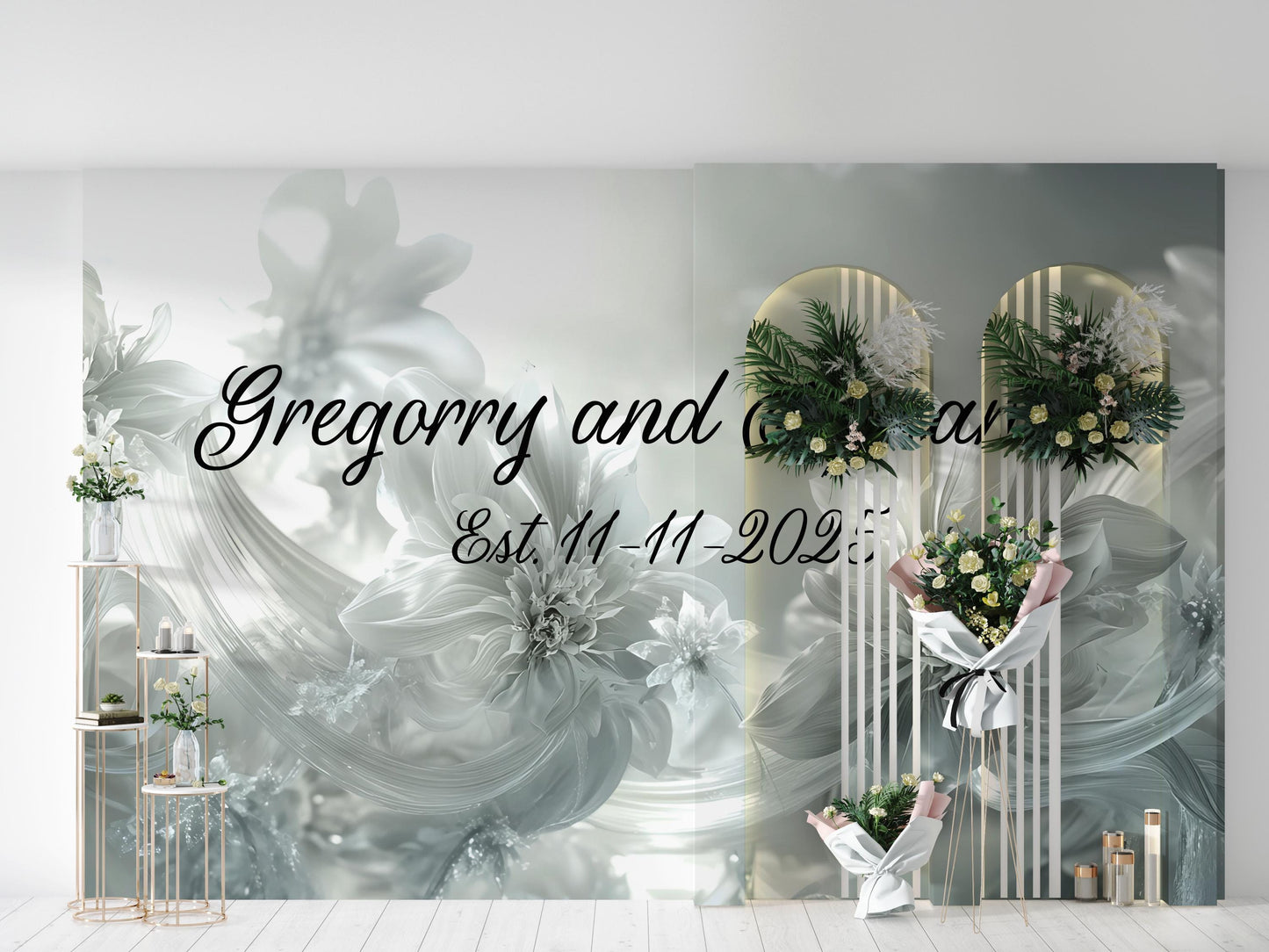 Custom Wedding Floral Wall Sign | Personalized Couple Name Backdrop | Modern Elegant Wedding Decor | Established Date Sign Vn513
