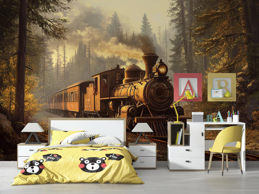 Vintage Train Wall Mural for Kids Room – Rustic Steam Engine Forest Wallpaper – Boys Bedroom Railroad Decor Vn222