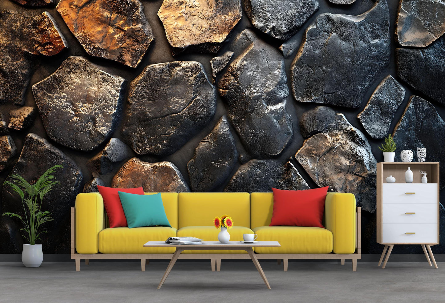 Rustic Stone Wall Mural for Bedroom – 3D Rock Pattern Wallpaper for Modern Industrial Home Décor Vn730