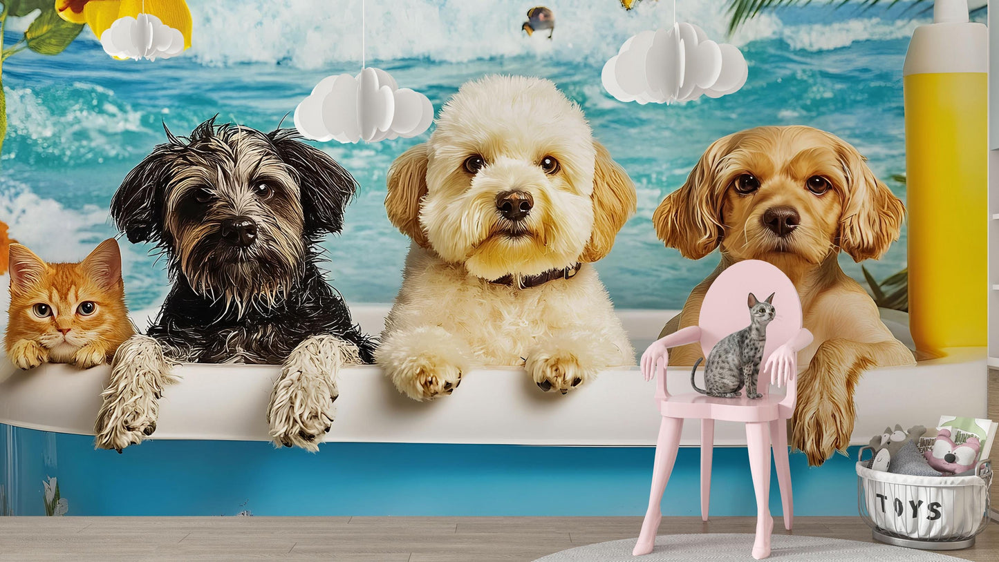 Funny Beach Dogs in Bathtub Wall Art | Cute Dog Cat Bathroom Decor | Surreal Animal Print | Pet Lovers Gift | Coastal Pet Art Print Vn673