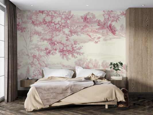 Pink Toile Wallpaper Mural | French Country Scenic Wall Decor | Romantic Vintage Accent Vn1035