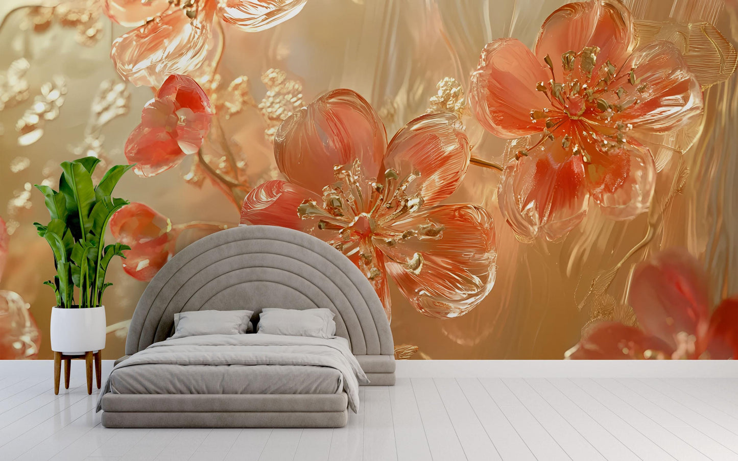 3D Red Floral Wall Mural – Large Glass Effect Flower Wallpaper for Bedroom Accent Wall Décor Vn598