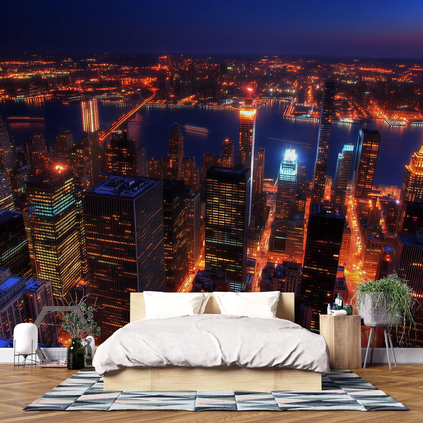 NYC Aerial Night Skyline Wall Mural – New York City Lights Wallpaper for Bedroom Vn896