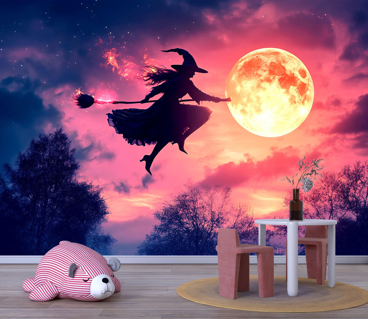Witch Flying Over Full Moon Wall Mural – Magical Halloween Night Sky Vn805