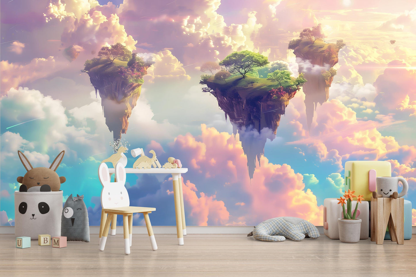 Fantasy Floating Islands Wall Mural – Dreamy Sky & Clouds Wallpaper, Magical Kids Room Decor, Surreal Accent Wall Art Vn1081