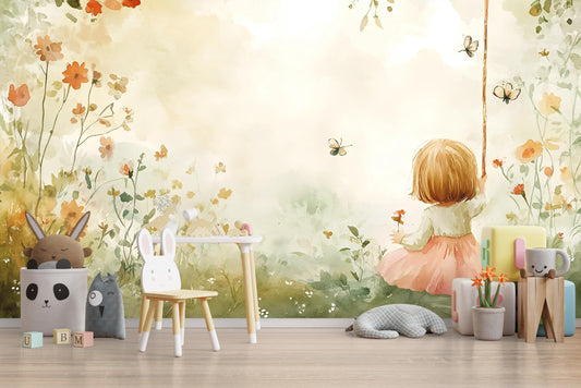 Watercolor Girl Swing Nursery Wall Mural – Floral Garden Baby Room Wallpaper – Whimsical Nature Wall Art for Kids Room Decor Vn558