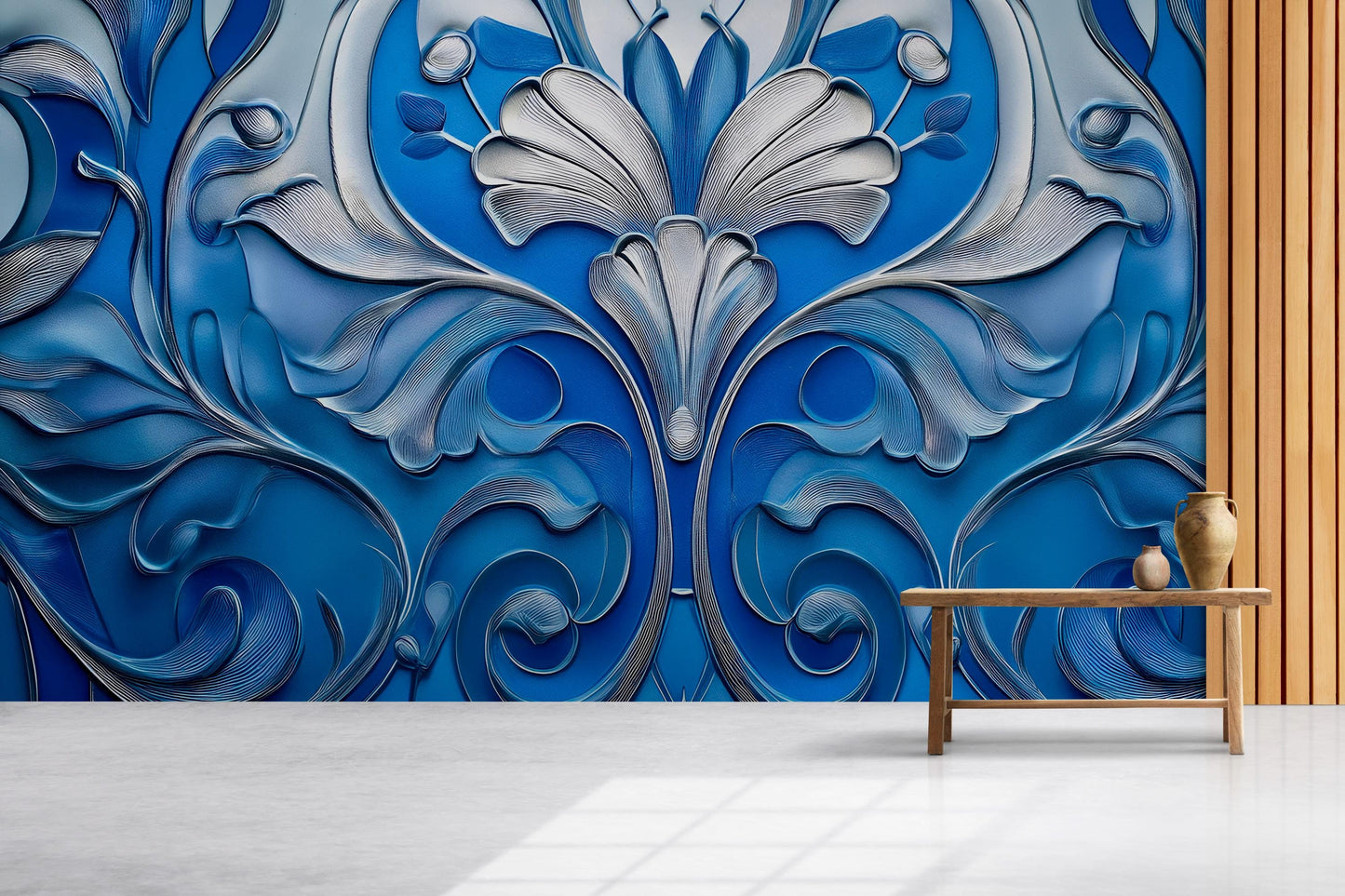 3D Blue Floral Wall Mural – Elegant Embossed Botanical Art Wallpaper for Living Room & Bedroom Vn757