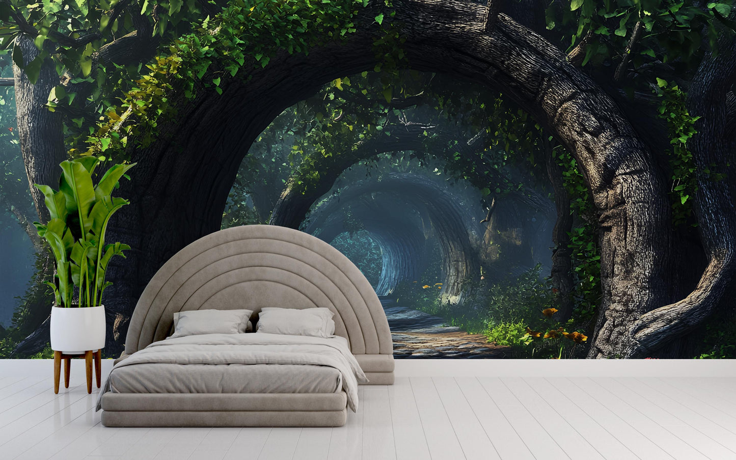 Enchanted Forest Wall Mural for Bedroom – Mystical Tree Tunnel Nature Wallpaper Vn580