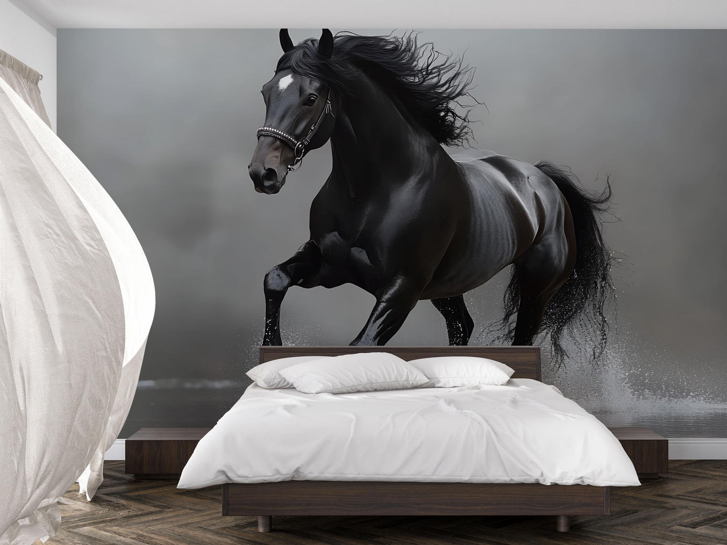 Black Stallion Wall Mural – Majestic Running Horse Wallpaper for Bedroom or Living Room Vn783
