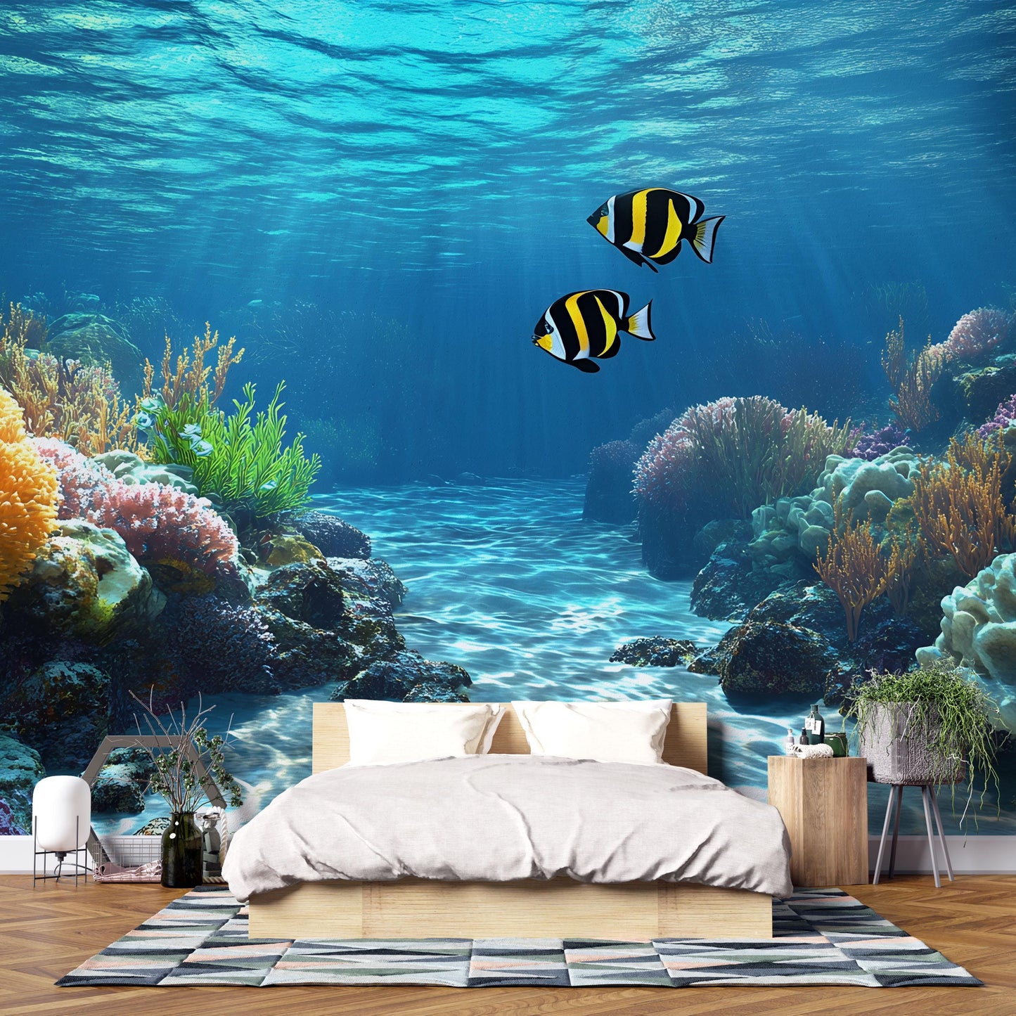Underwater Ocean Wall Mural | 3D Coral Reef Wallpaper | Tropical Fish Sea Scene Bedroom Decor | Removable Undersea Wall Art Vn595