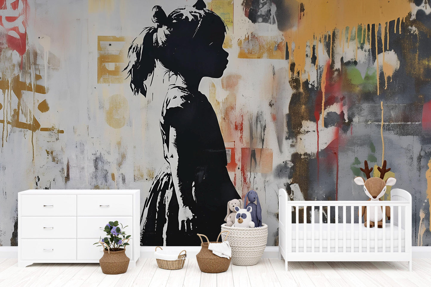 Modern Graffiti Wall Art of Girl Silhouette – Urban Street Art Canvas Mural for Kids Room, Playroom, or Nursery Vn736