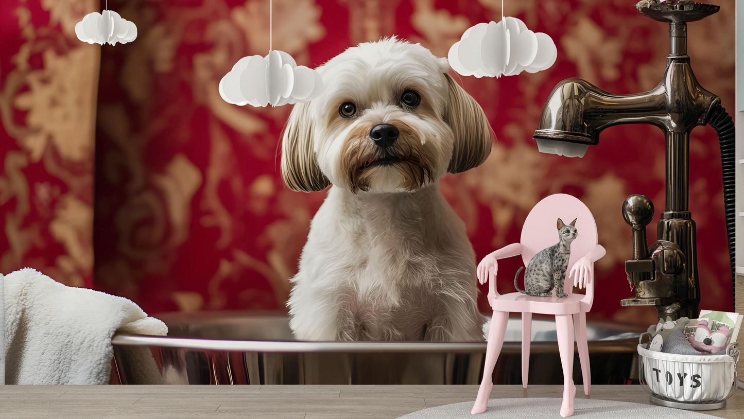 Whimsical Dog Bathroom Art Print – Cute White Dog in Bathtub with Mini Chair & Sleeping Pup – Funny Dog Wall Decor for Pet Lovers Vn666