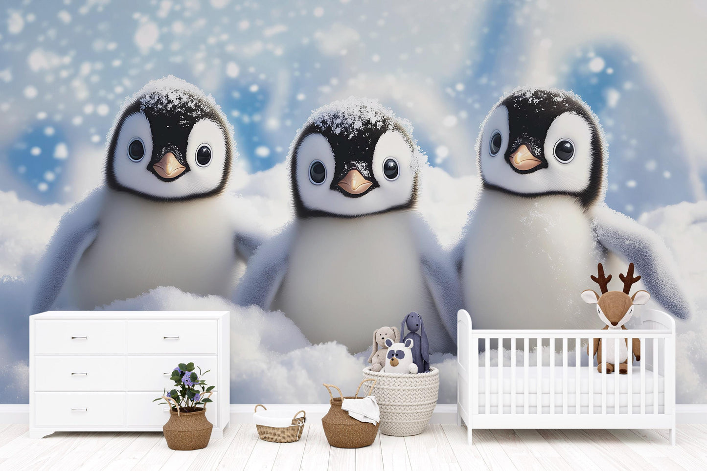 Snowy Baby Penguin Wall Mural – Cute Arctic Animal Nursery Wallpaper – Winter Penguin Kids Room Décor Vn520