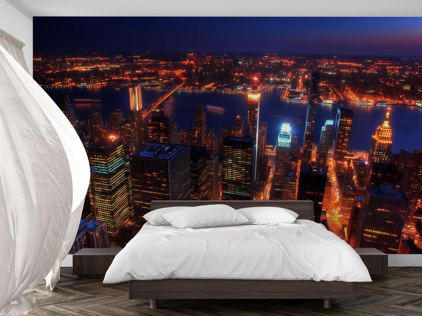 NYC Aerial Night Skyline Wall Mural – New York City Lights Wallpaper for Bedroom Vn896
