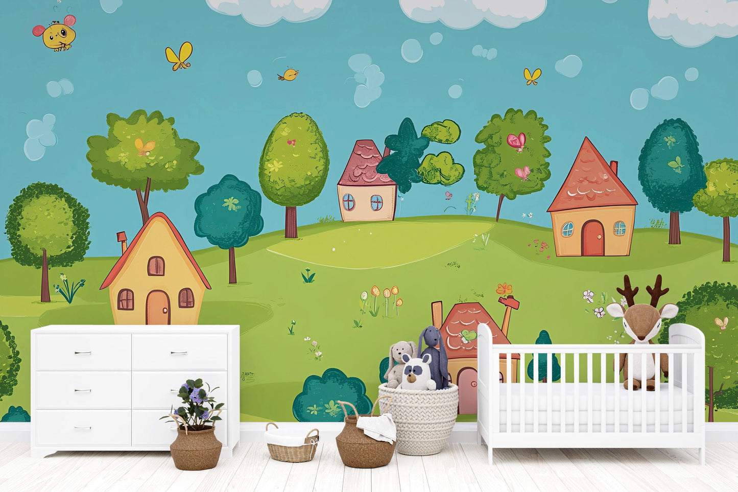 Whimsical Kids Wall Mural – Colorful Cartoon Village Landscape Wallpaper – Playroom Nursery Decor Vn620