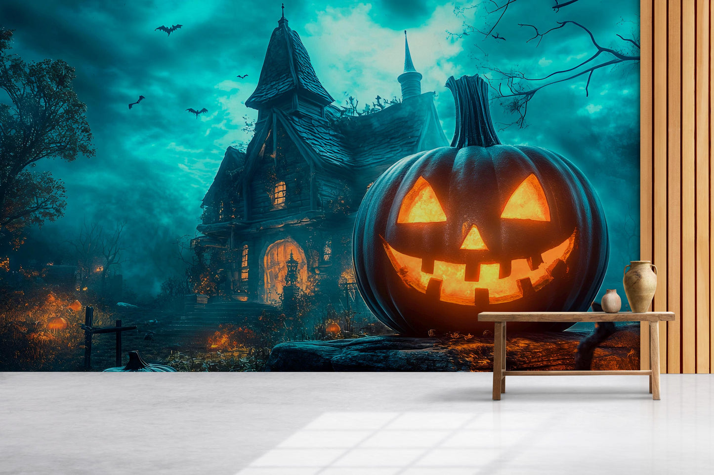 Halloween Haunted House Wall Mural – Spooky Jack-o’-Lantern Wallpaper for Party or Home Decor  Vn786