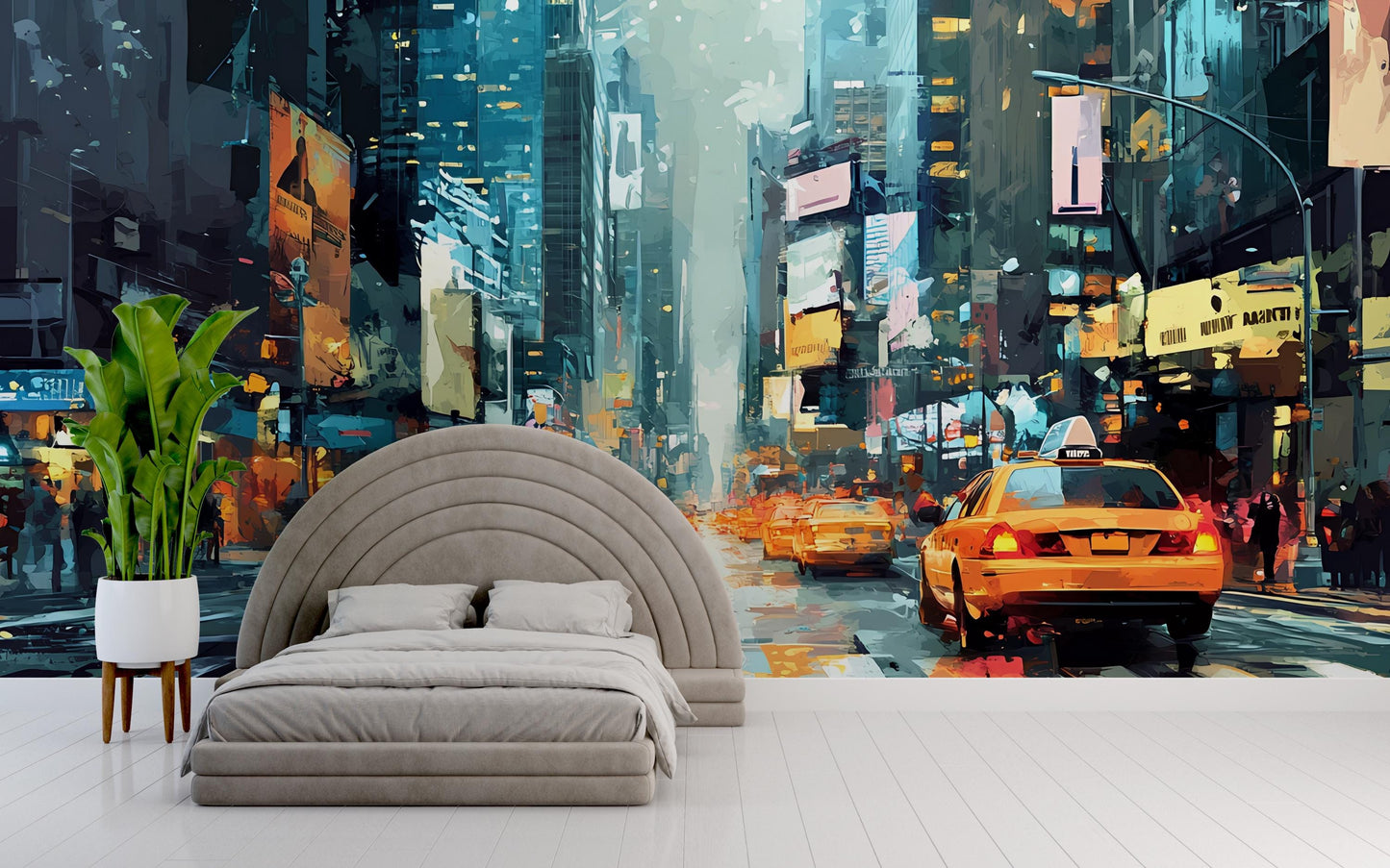 NYC Taxi Street Wall Mural – Urban Rain Cityscape Art for Bedroom or Loft Décor Vn368