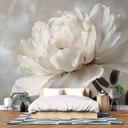Large White Peony Wall Mural – Elegant Neutral Floral Wallpaper for Bedroom Accent Vn1051