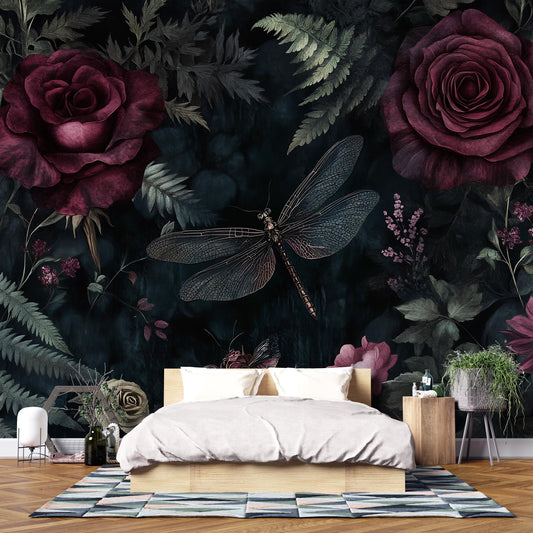 Dark Red Rose & Dragonfly Wall Art – Gothic Botanical Print Vn957
