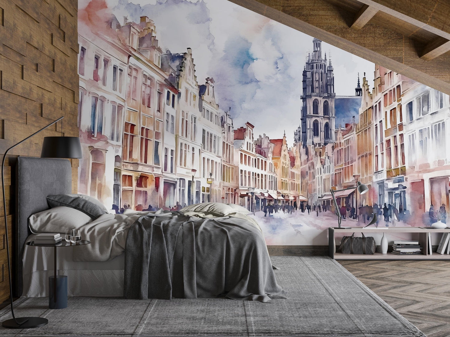 Antwerp Belgium Wall Mural – Cathedral & Historic Street Watercolor Wallpaper Vn940