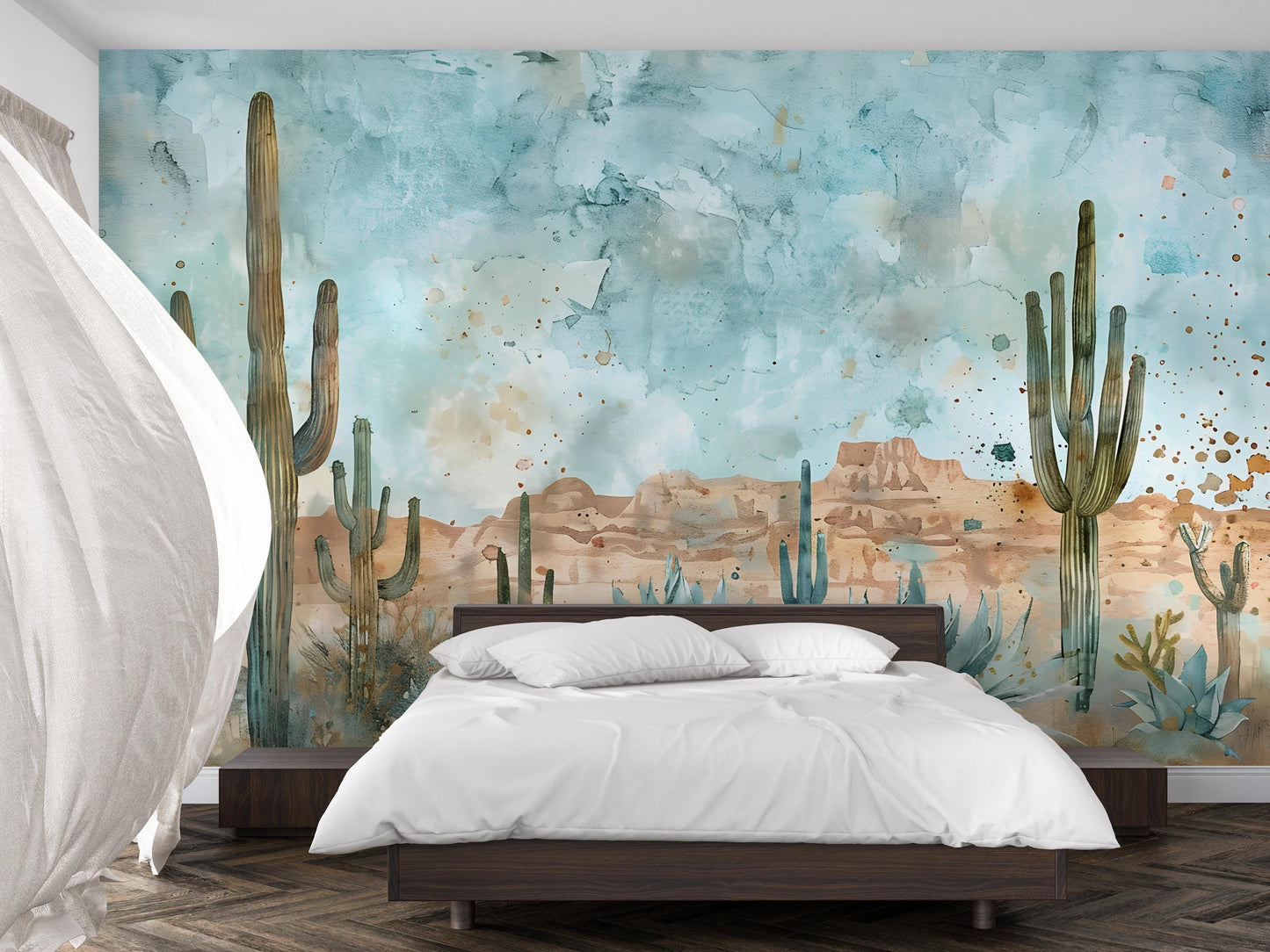 Southwestern Desert Cactus Wall Mural – Boho Western Landscape Wallpaper Vn1005