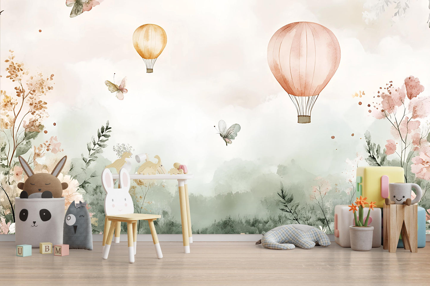 Hot Air Balloon Nursery Wall Mural – Boho Baby Room Wallpaper – Soft Pastel Floral and Butterfly Nature Theme Vn556