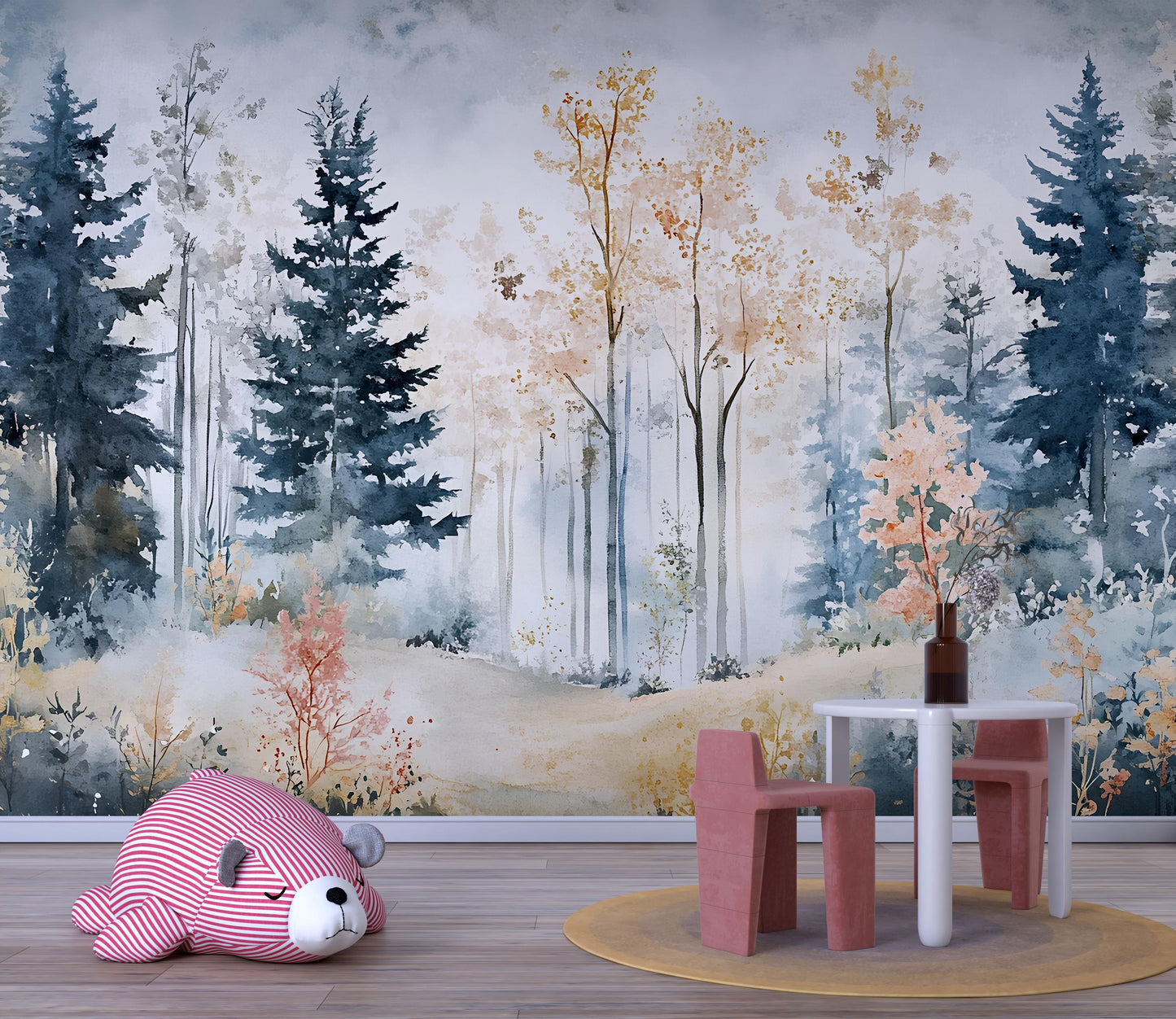 Whimsical Forest Wall Mural for Kids Room – Soft Watercolor Woodland Wallpaper with Trees Vn562