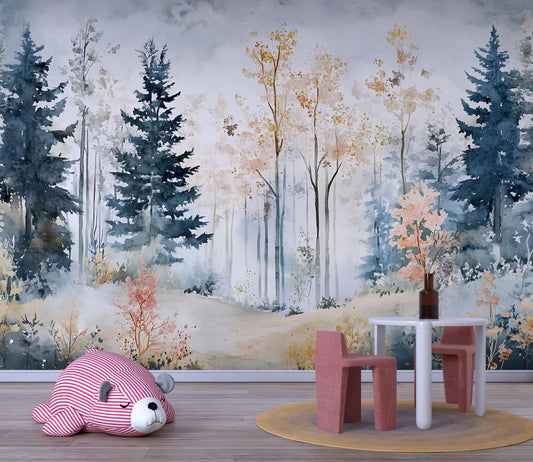 Whimsical Forest Wall Mural for Kids Room – Soft Watercolor Woodland Wallpaper with Trees Vn562