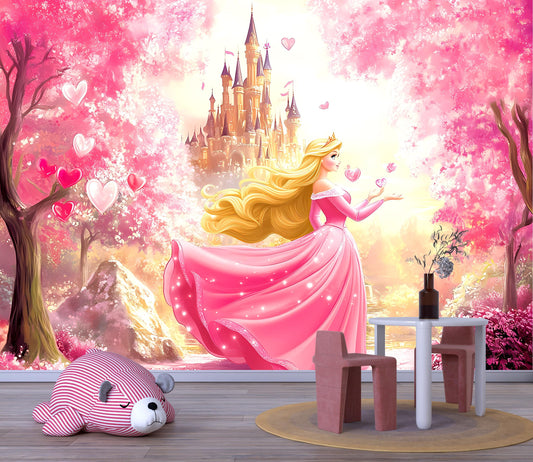 Princess Castle Wall Mural – Pink Fantasy Fairy Tale Wallpaper for Kids Room, Girls Bedroom Decor Vn093