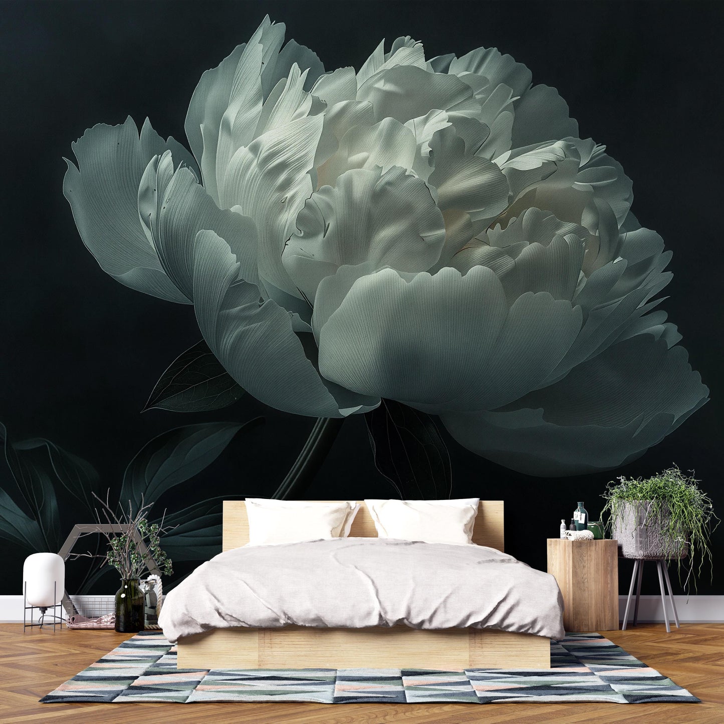 White Peony Wall Mural – Oversized Floral Wallpaper for Bedroom Accent Wall Vn1049