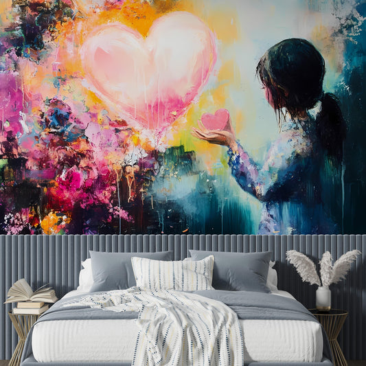 Romantic Girl Heart Wall Art – Abstract Colorful Bedroom Painting  Vn015