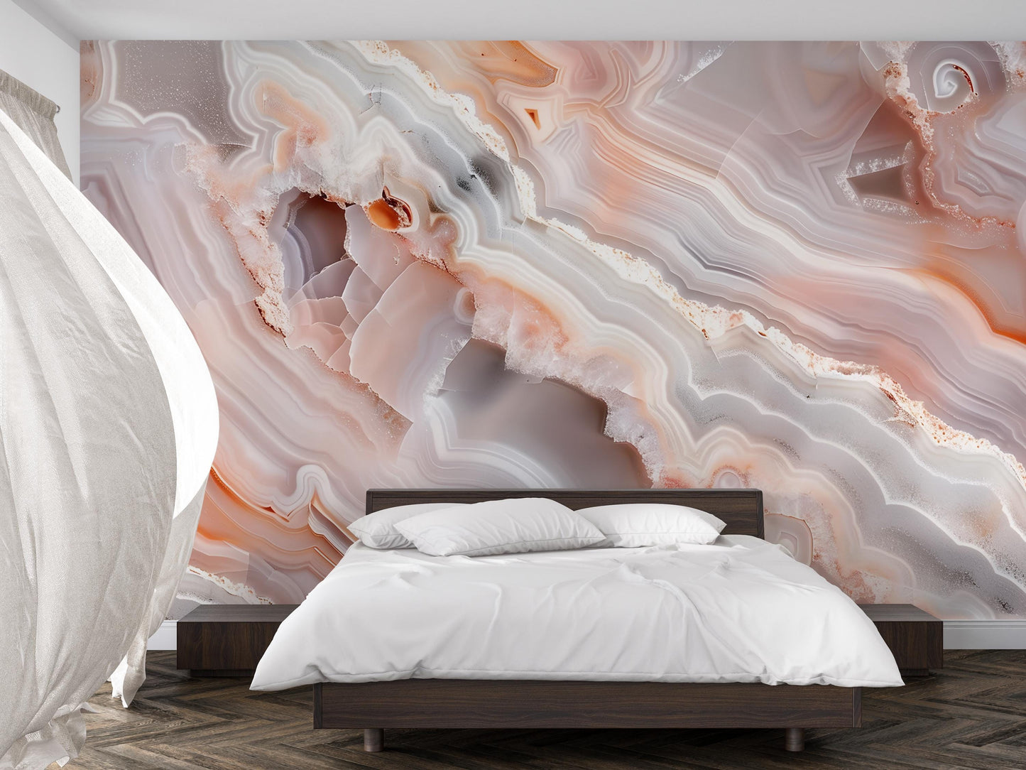 Peach Agate Wall Mural – Crystal Stone Pattern Wallpaper in Grey & Coral Tones Vn1091