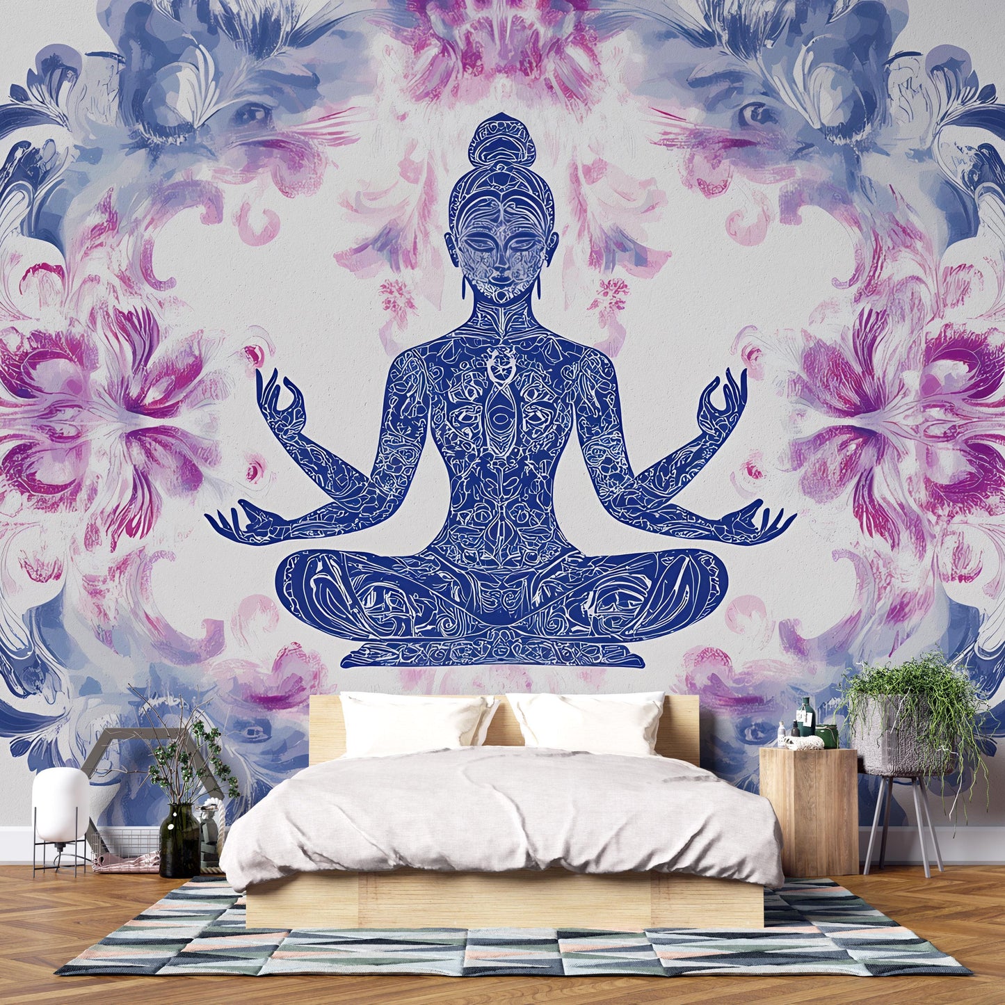 Boho Yoga Wall Mural | Meditating Woman Art | Zen Floral Tapestry for Bedroom Décor Vn481
