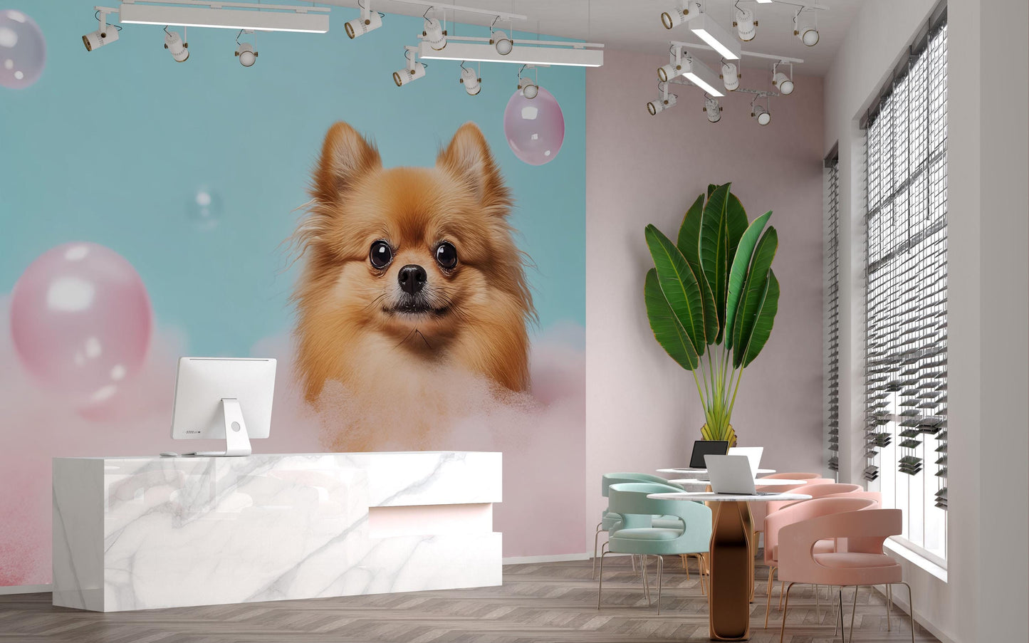 Cute Pomeranian Dog Wall Mural - Pink Cloud & Bubble Background - Kawaii Pet Art for Nursery, Kids Room, or Pet Lover Decor Vn664