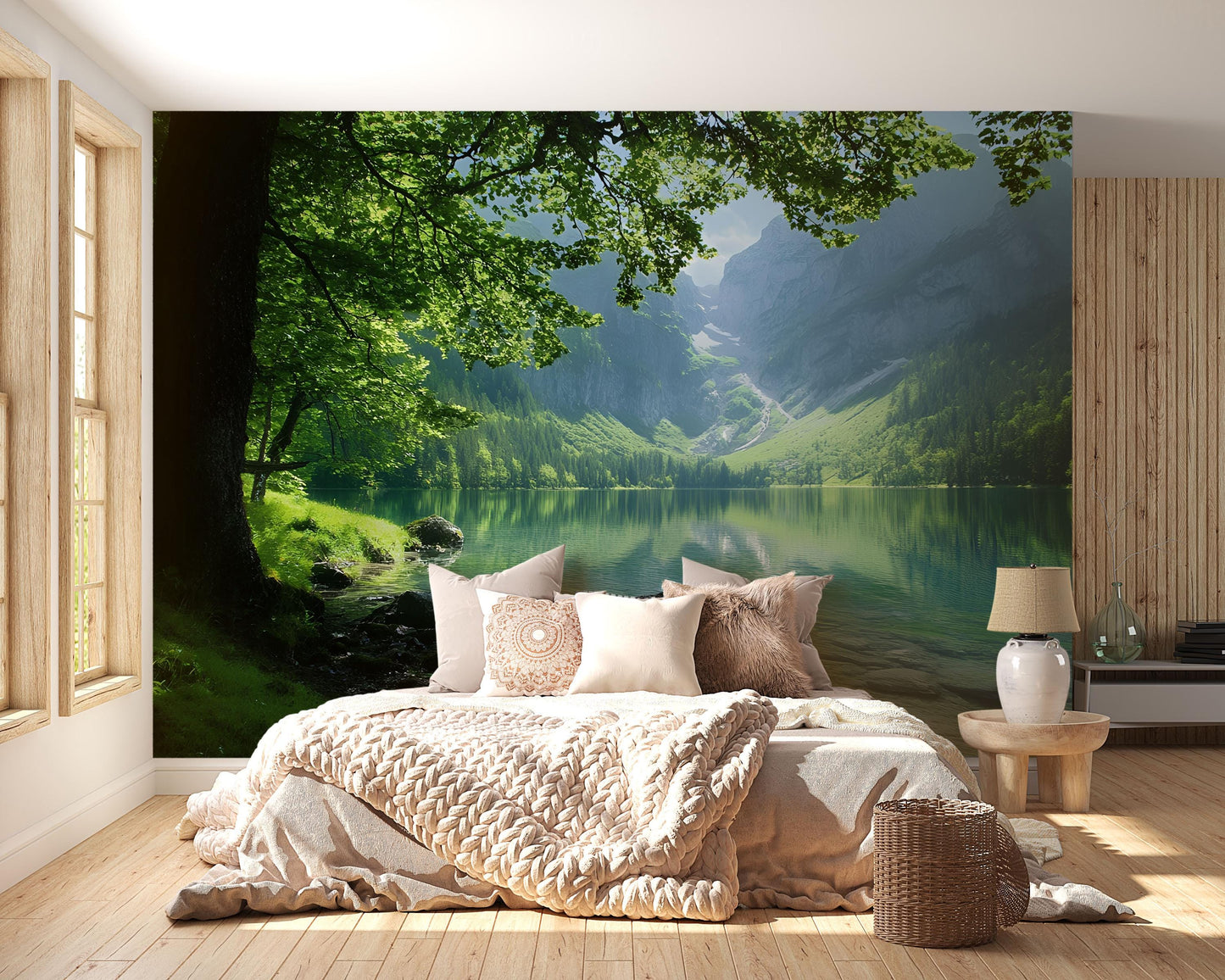 Nature Lake Wall Mural – Mountain Forest Landscape Bedroom Wallpaper Vn691